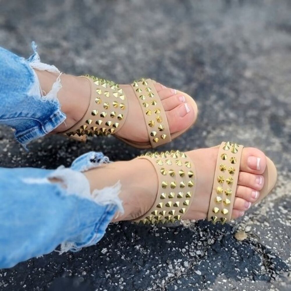 Taupe Stiletto Heel Sandals Double Band Gold Studs Pull-On Shoes - Picture 4 of 5